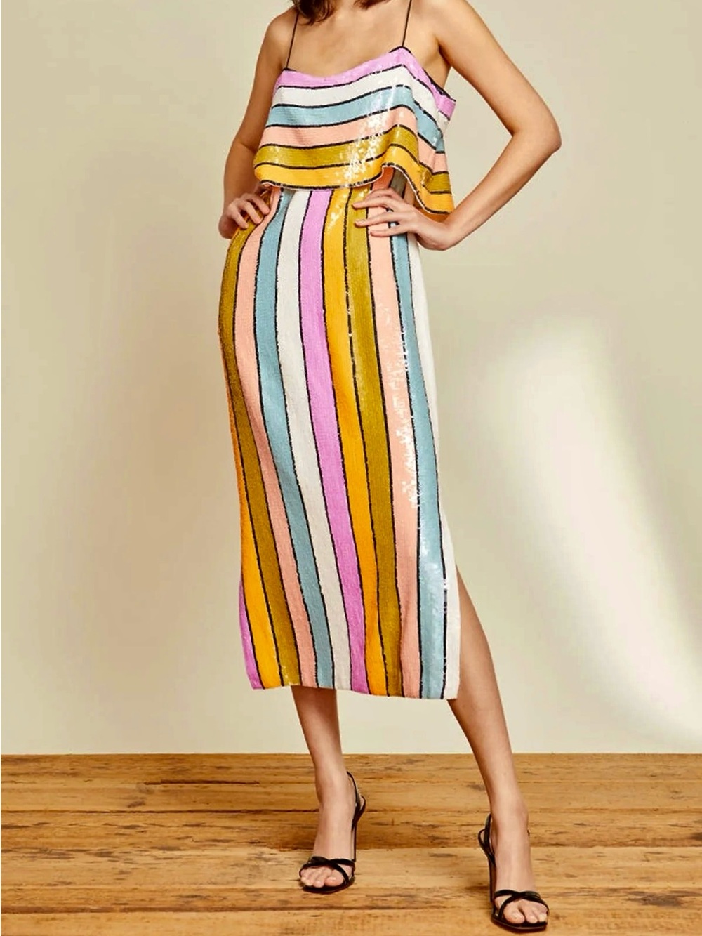 Veronica Beard Ivanna Multicolored Striped Sequin Party Midi Dress, Sz 0